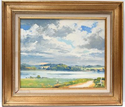a painting of a landscape with a lake in the foreground