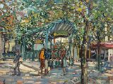 an oil painting of people walking on a city street near a bus stop