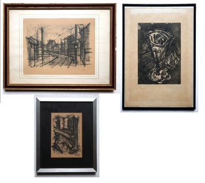 four framed drawings of buildings and a train on a white wall