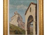 une peinture représentant un bâtiment avec une montagne en arrière-plan
