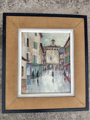 une peinture à l'huile représentant une scène de rue avec des personnes marchant dans la rue