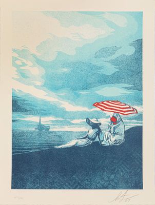 an image of a painting of two people sitting on a beach under an umbrella