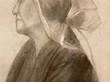 an old drawing of a woman with a bonnet on her head