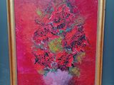 un tableau représentant un vase contenant des fleurs rouges