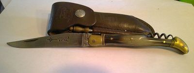 a knife that is laying on top of a leather case