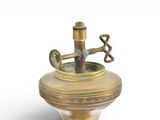 a small brass vase with a handle on a white background