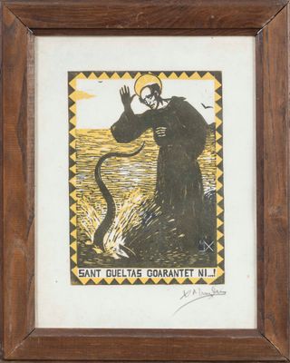 une image représentant un portrait encadré d'un homme tenant un serpent