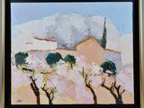 painting of a painting of a house and trees with a mountain in the background