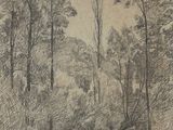 dessin représentant un paysage avec des arbres et une route au premier plan