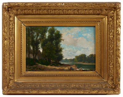 une peinture à l'huile représentant une scène fluviale avec un bateau sur l'eau