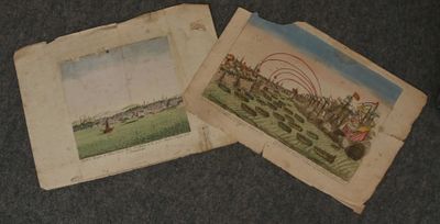 two old postcards of a farm scene with a windmill in the distance
