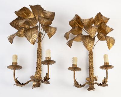 pair of brass palm tree wall sconces