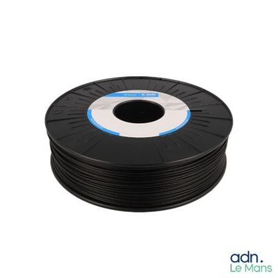 a spool of black pla filamant on a white background