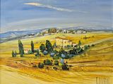 un tableau représentant un paysage avec un village au loin