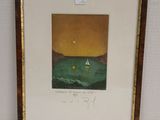 painting of a sailboat in the ocean with a yellow sky in the background