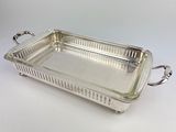 a silver plated rectangular serving dish with handles and handles
