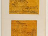 an old book with two drawings of buildings on it