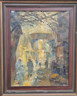 une peinture à l'huile représentant une scène de rue avec des personnes marchant dans la rue