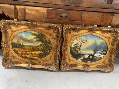 paire de tableaux anciens encadrés représentant une scène champêtre