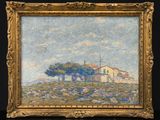 un tableau représentant une maison sur une colline, avec des arbres au premier plan