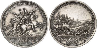 an image of a silver coin with a picture of a man on a horse