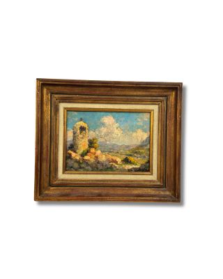 une peinture à l'huile d'un paysage avec un château au loin