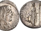 a silver coin with a woman and a man on it