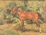 a painting of a brown horse standing in a field