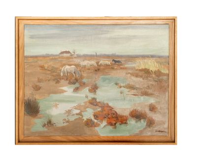 une image représentant un tableau représentant un paysage avec des chevaux et un ruisseau