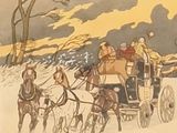 a painting of a horse drawn carriage with people on it