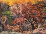 an oil painting of a tree in a field with a mountain in the background