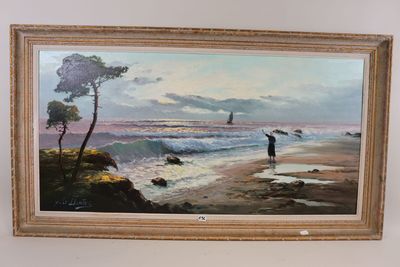 painting of a man standing on a beach with a sailboat in the distance