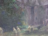 a painting of a group of people walking in a field