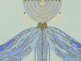 painting of a woman in a blue dress with a fan on her head