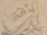drawing of a nude woman sitting on the ground with her head in her hands