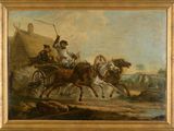 tableau représentant deux hommes à cheval tirant un chariot sur lequel se trouve un homme à l'arrière