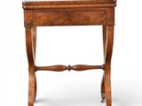 an old wooden table with a marble top on a white background