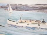 a painting of a boat in the water with people on it