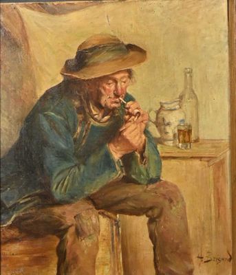 painting of a man sitting on a stool smoking a pipe
