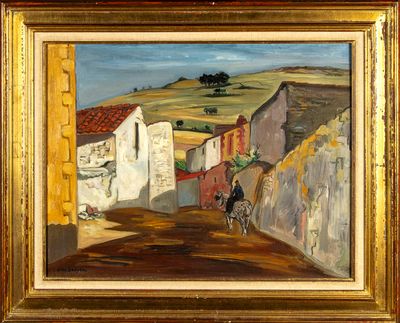 une peinture à l'huile représentant un homme à cheval dans une rue