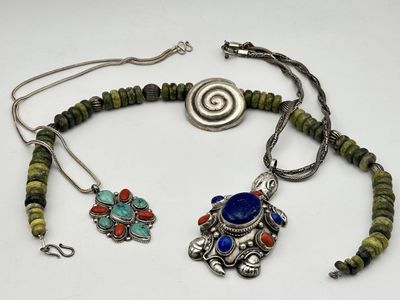necklace and earring set with turquoise, red, and green beads