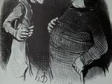 illustration représentant un homme coiffé d'un haut-de-forme en train de parler à un autre homme coiffé d'un haut-de-forme