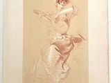 un vieux dessin représentant une femme jouant de la guitare sur une table