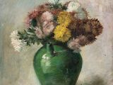 tableau représentant un vase vert contenant des fleurs, posé sur une table