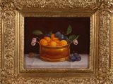 painting of a bowl of oranges and plums on a table