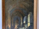 an oil painting of a man sitting in a room with a fireplace