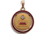 un gros plan d'une médaille d'or ornée d'une pierre rouge en son centre