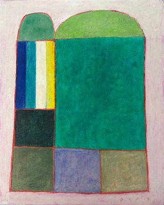 une image représentant un tableau aux couleurs verte, bleue, jaune et rouge