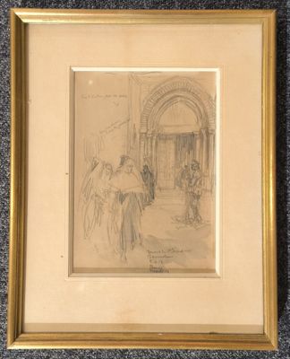 un dessin représentant un homme et une femme dans une cour