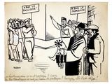 an old cartoon drawing of a man holding a sign in front of a group of people